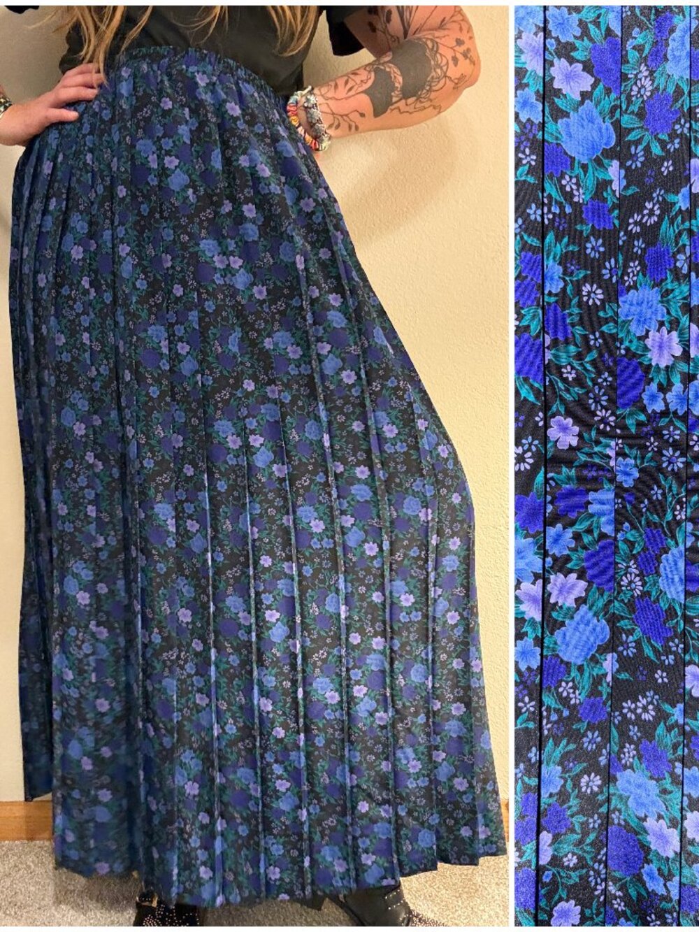 Vintage Leslie Fay Dark Floral Pleated Midi Elastic Waist Skirt Plus Size 16/18